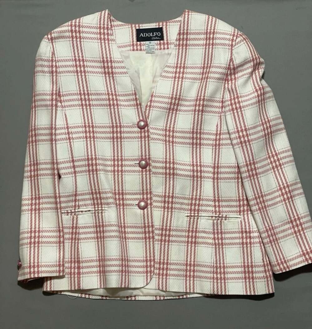 Adolfo Atelier Vintage White and Pink Plaid Blazer with Pearl-Style Buttons